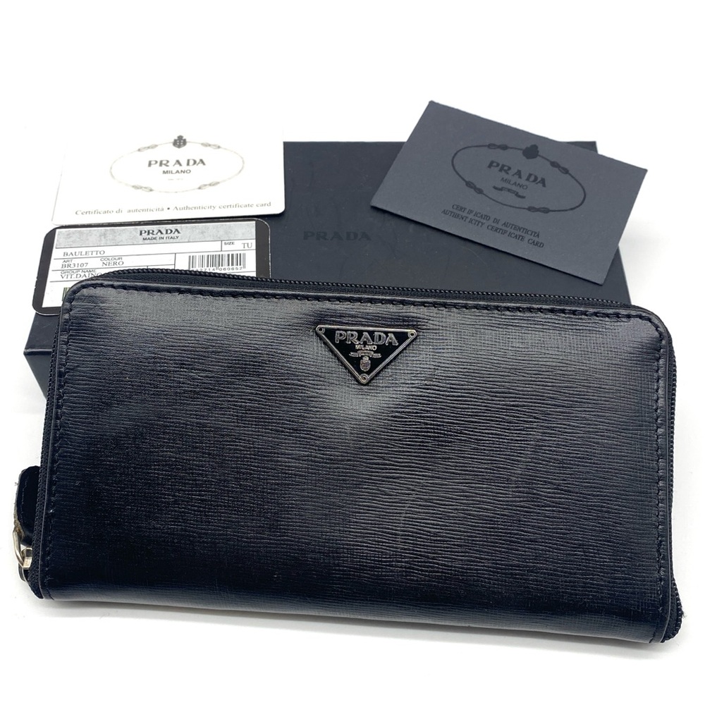 PRADA BLACK SAFFIANO LEATHER LOGO BAULETTO ZIP AROUND LARGE WALLET CLUTCH W CASE